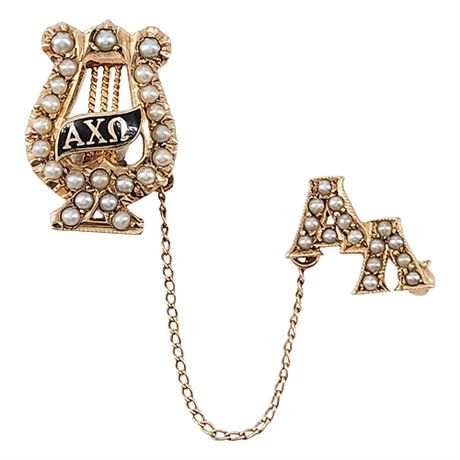 Signed Vintage BALFOUR 10K Gold Alpha Chi Omega Lyre Sorority Pin w/ Seed Pearls