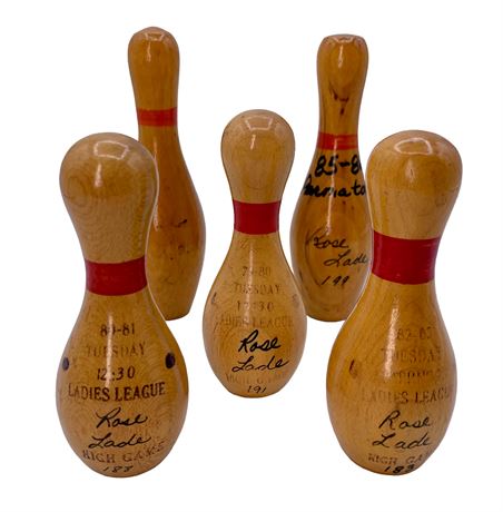 5 Miniature Vintage Wood Bowling Pin Trophies