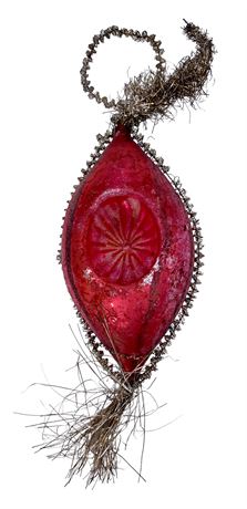 Antique Raspberry Glass Indent Wire Trimmed Tinsel Tassel Ornament