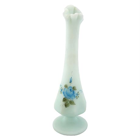 Fenton "Blue Roses on Blue Satin" Hand Painted 8" Stretch Glass Bud Vase
