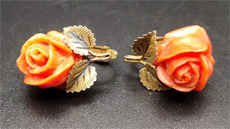 12K yellow gold filled Coral carved Rose clip earrings 6.7 G