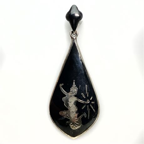 Vintage Siam Niello Enamel Thai Goddess Sterling Silver Teardrop Pendant