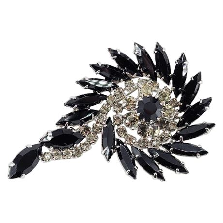 Vintage Elaborate Prong Set Rhinestone & Black Navette Swirl Brooch