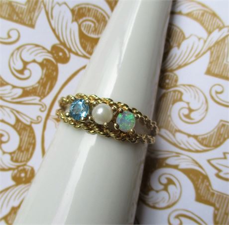 10K Yellow Gold Mother's Ring ~ Topaz Pearl Opal ~ Ring Size 7