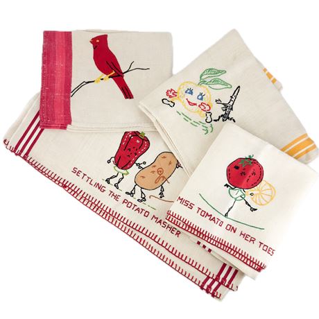 Lot of Kitschy Vintage Hand Stitched Tea Towels