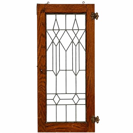 Antique Leaded Glass Window with Hanging Hooks and Hinges