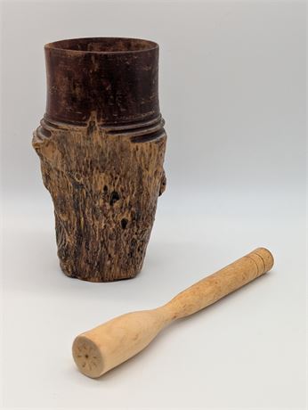 Vtg Heavy Wooden Mortar Single Wood Hand Carved 7.7" + Pestle Wood 8.6"