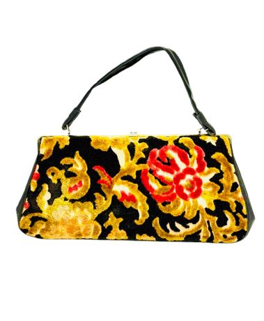 Vtg Chenille Floral Carpet Handled Purse