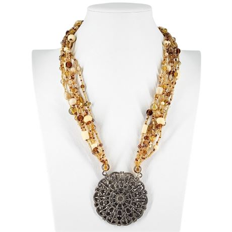 Modern Multi Strand Beaded Necklace w/ Silver Tone Filigree Medallion
