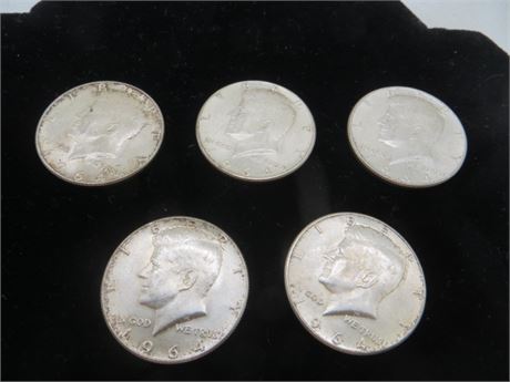 Five 1964 Kennedy Half Silver Dollars