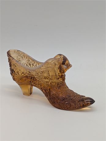 Rare Ohio Valley Glass Company Marked Amber Opalescent Glass Shoe W/Cat Head