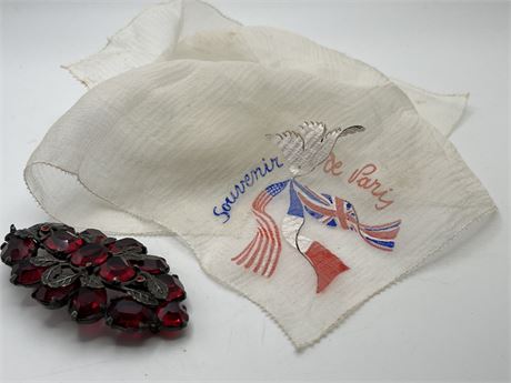 Paris military souvenir, hanky and red brooch lot