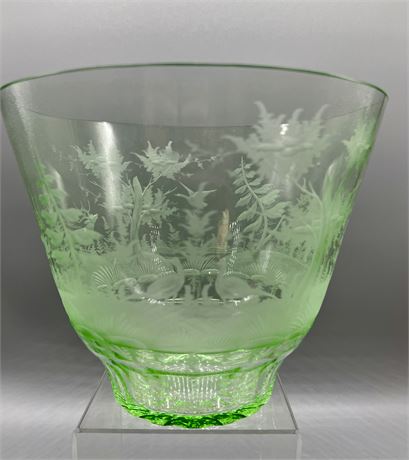 Green Acid Etched Depression Glass Bowl