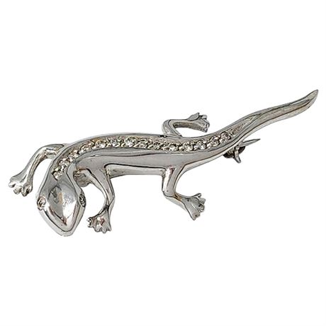 Vintage Signed L+E 14K White Gold & Diamond Lizard Brooch