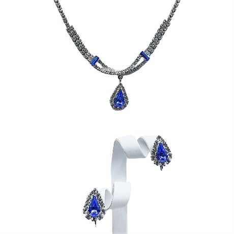 Unsigned Clear & Blue Rhinestone Necklace & Earrings Set