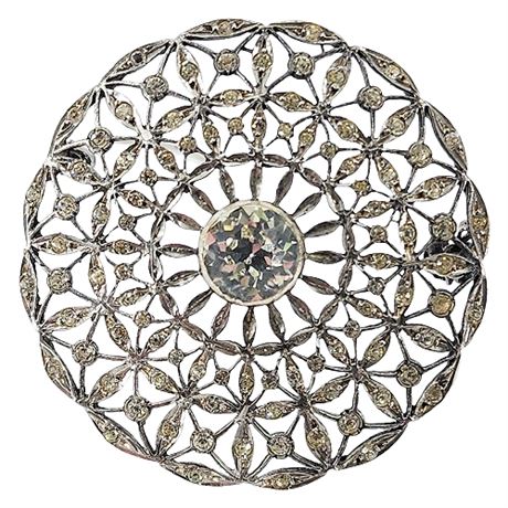 Vtg Sterling Silver Filigree Rhinestone Brooch