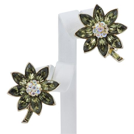 Vintage Austrian Crystal Rhinestone Flower Clip Earrings