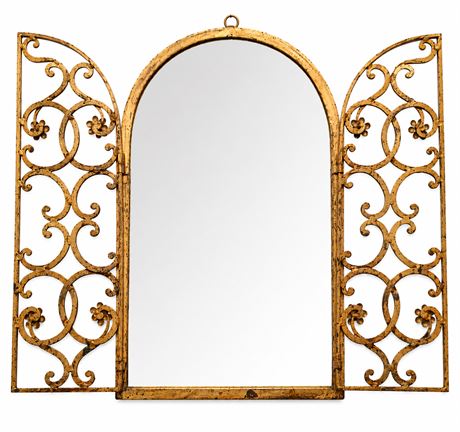 Vintage Gold Tone Arched Wall Mirror with Ornate Hinged Scrollwork Panels