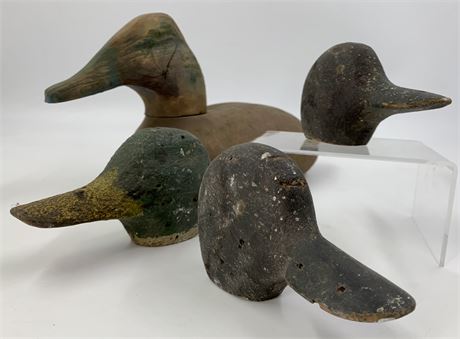 Vintage Hand Carved Wood Duck Decoy & 3 Antique Decoy Heads