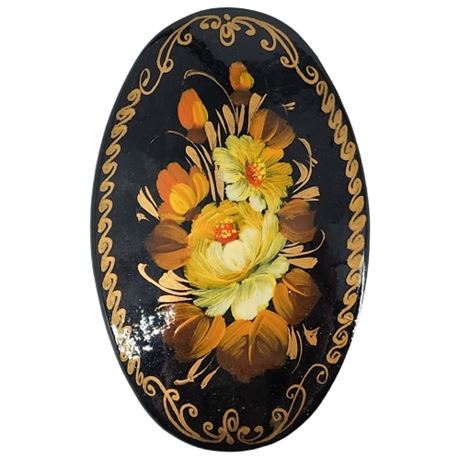 Vintage Hand Painted Russian Lacquer Earthtone Floral Brooch