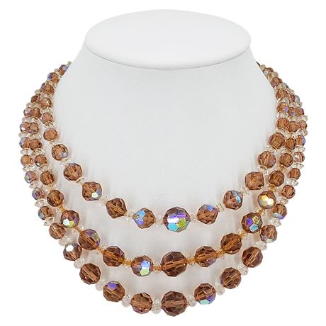 Vtg 3-Strand Taupe Aurora Borealis Crystal Necklace