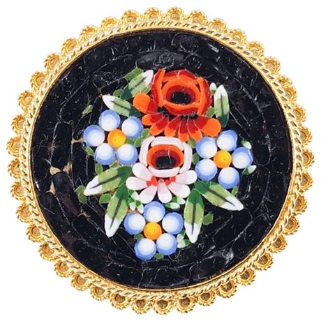 Vintage Italian Micro Mosaic Floral Circle Brooch