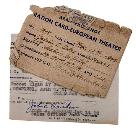 1946 US Military War Dept. European Theater Ration Card & Finance Papers