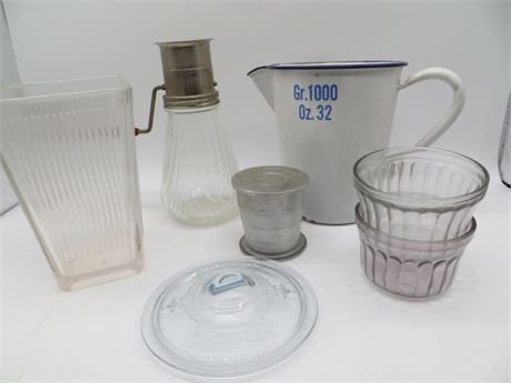 Vintage Porcelain Measure, Nut Grinder & Collapsible Cup