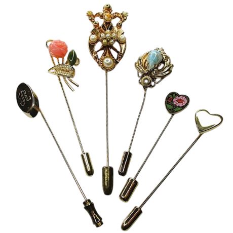 Collection of 6 Assorted Stick Pins ~ Gold Tone Metal