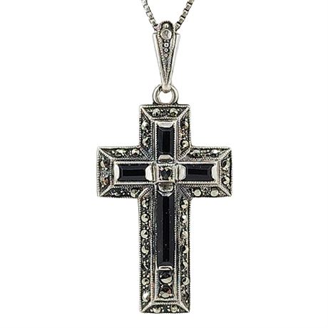 Vintage 835 Silver Black Onyx & Marcasite Cross Pendant Necklace