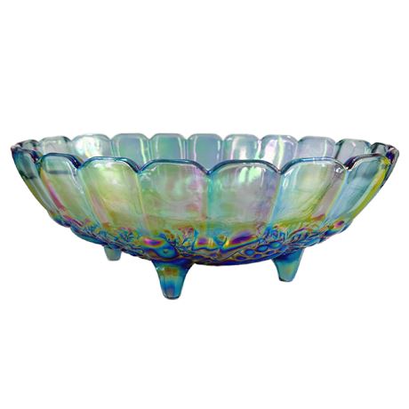 Vintage Indiana Carnival Glass Iridescent “Harvest Grape” Blue Footed Fruit Bowl