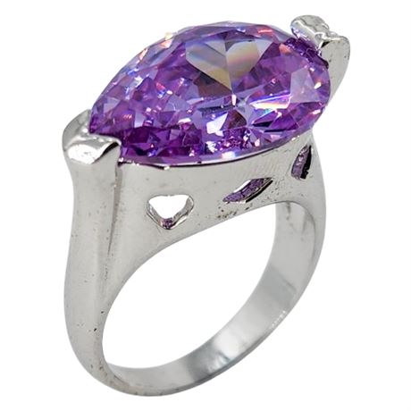 Silver Tone Huge Purple Tourmaline Gemstone Ring, Sz 7.75