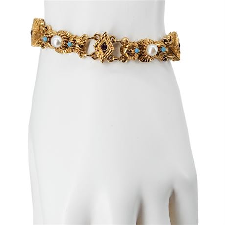 Vintage Faux Pearl & Gemstone Gold Tone Link Bracelet