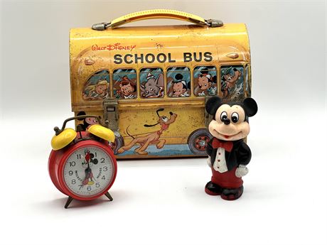 Vintage School Lunch Box & Mickey Clock and Figure