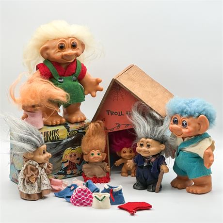 Collection of Vintage Troll Dolls with Accessories