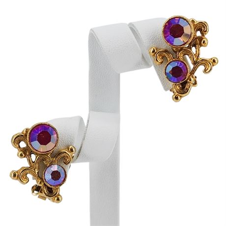 Vintage Pink Aurora Borealis Rhinestone Clip Earrings