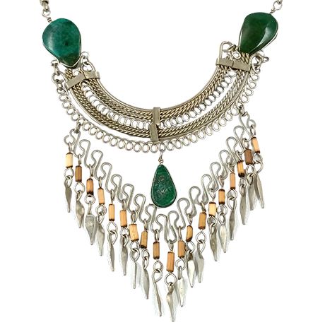 Vintage Statement Necklace with Green Chrysoprase Drops & Fringe