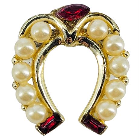 Vintage Rhinestone and Faux Pearl Horseshoe Brooch