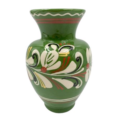 Hungarian Hand Painted Floral Artisan Lime Green Vase