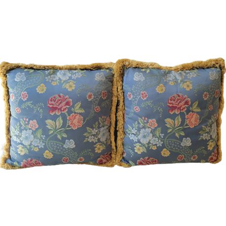 Blue Floral Custom-Made Throw Pillows w/ Yellow Fringe