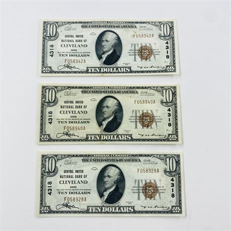 3 UNC 1929 $10 Central United Bank of Cleveland LOW SERIAL