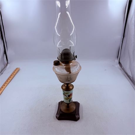 Antique 21” Brass + Porcelain Oil Lamp