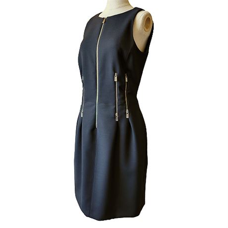 NEW Michael Kors Italian Wool Zipper Embellished Black Sheath Dress