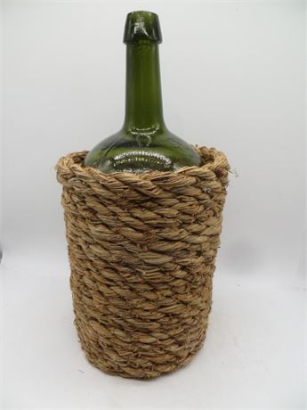 Large Green Bottle w/Woven Basket Holder