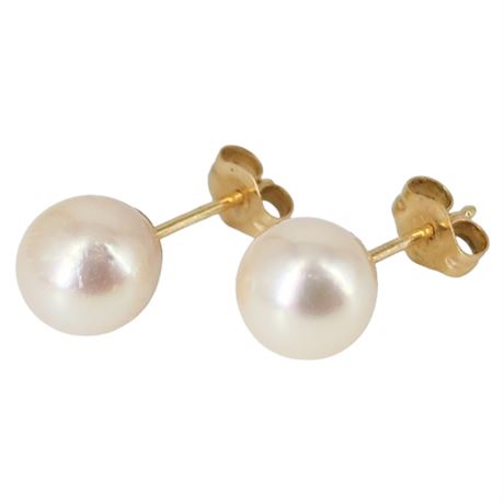 Vintage 14K Gold & Genuine 6.88mm Pearl Stud Earrings