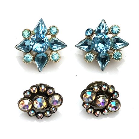 Vintage Blue Rhinestone & Auroral Borealis Scatter / Collar Pins