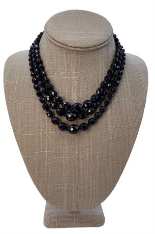 Mid Century Triple Strand Faceted Glass Bead Cocktail Choker Necklace