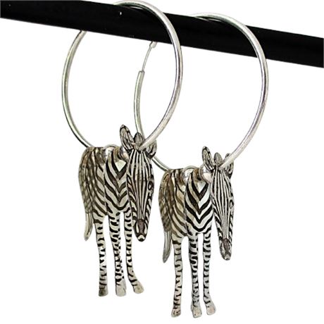 925 Sterling Silver ZEBRA 3-D Dangle Hoop Earrings