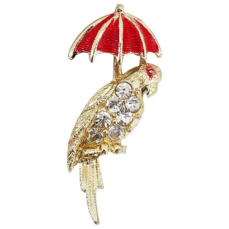 Vtg Miniature Rhinestone Parrot w/ Umbrella Brooch