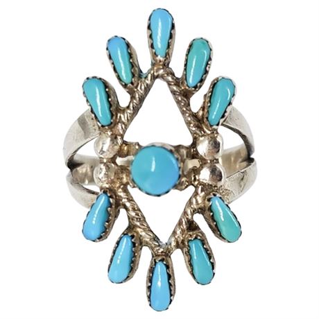 Vintage Native American Sterling Silver Turquoise Petit Point Ring, Sz 5.5
